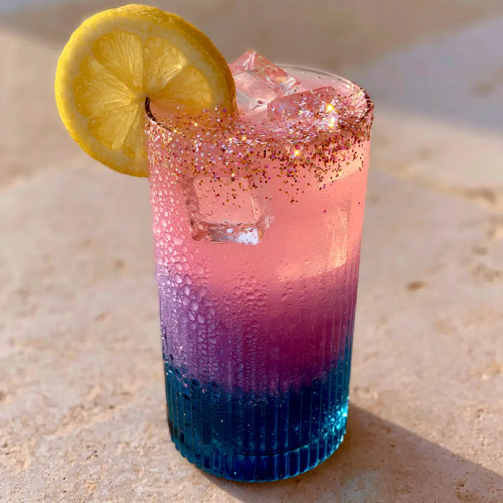 Unicorn Lemonade Recipe: A Magical Layered Summer Drink 1 A bright unicorn lemonade with pink dragon fruit topper and sparkling edible glitter garnish.