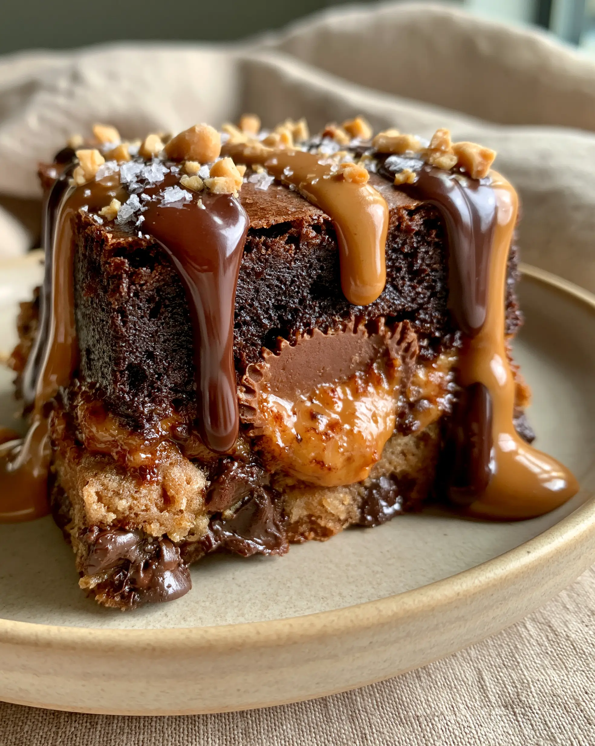 Handheld smartphone photo of a warm Peanut Butter Cup Stuffed Brookie sliced in half, revealing an oozing peanut butter center and crackly brownie top.