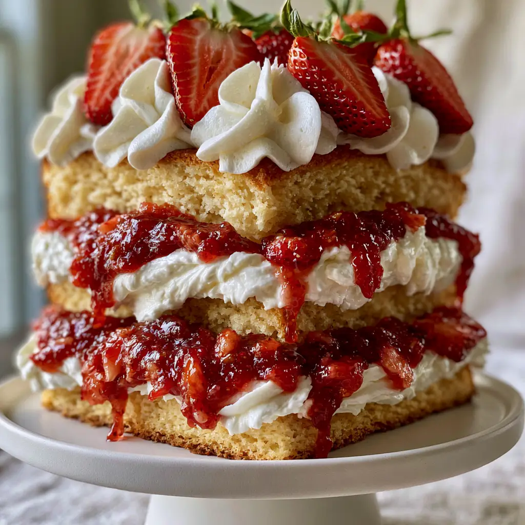 High angle shot of the Strawberry Shortcake Cake crown with piped cream and halved strawberries with stems.