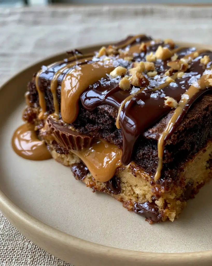Overhead shot of Peanut Butter Cup Stuffed Brookies on a beige ceramic plate, garnished with flaky sea salt, crushed peanuts, and thick peanut butter drizzle.