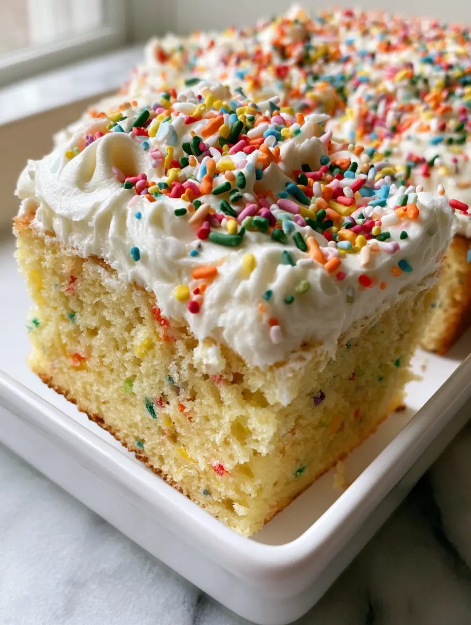 Handheld photo showing a pillowy soft yellow crumb of a funfetti sheet cake slice. (funfetti sheet cake)