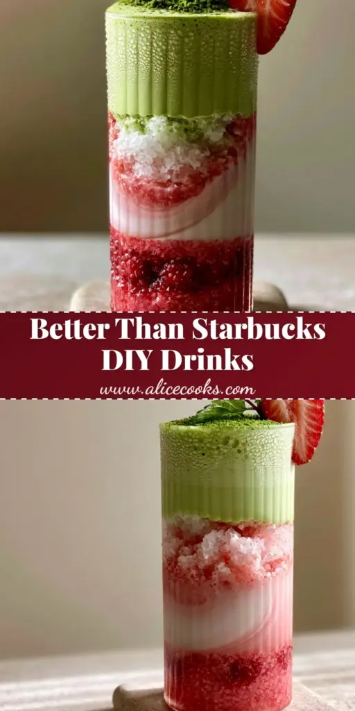 A beautiful three-layered summer drink with red strawberry puree, white coconut milk swirls, and green matcha cold foam in a ribbed glass. (DIY summer drinks)