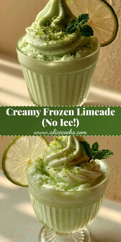 Frozen Limeade: The Ultimate Creamy Whipped Summer Refreshment 3 A handheld smartphone photo of an ultra-creamy Frozen Limeade with a velvety whipped swirl peak in a vintage ribbed glass, garnished with zest, mint, and a lime slice.