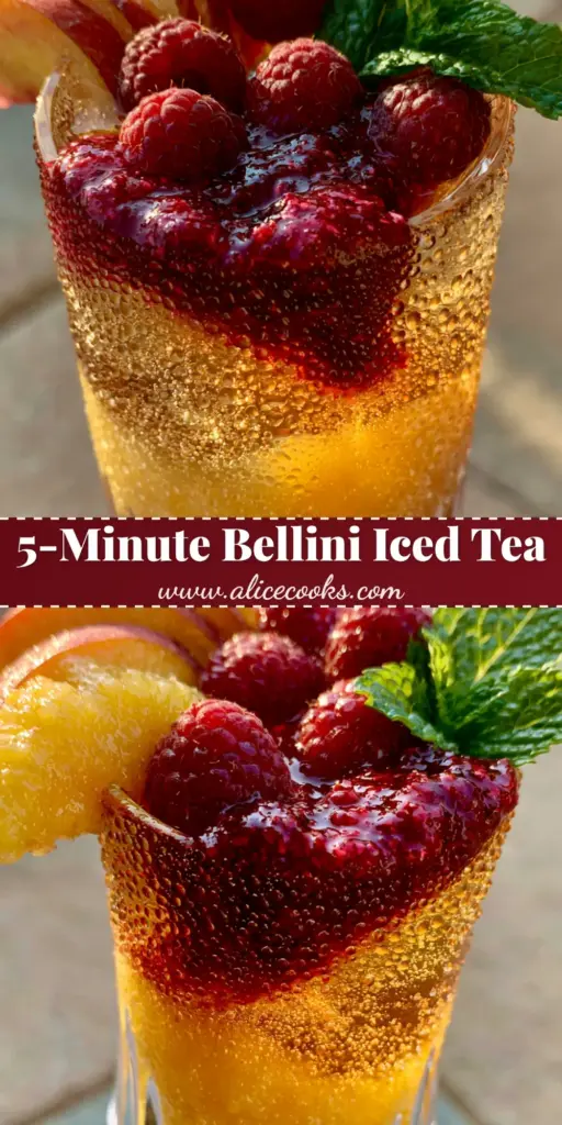 A handheld smartphone photo of a Bellini peach raspberry iced tea in a tall ribbed crystal glass with vibrant ombre layers of yellow, amber, and ruby red.