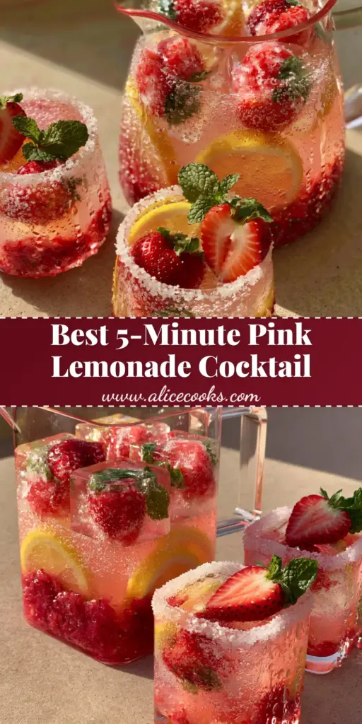 A large modern glass pitcher of Pink Lemonade Cocktail with muddled strawberries, lemon wheels, and sparkling bubbles on a beige surface. (Pink Lemonade Cocktail)