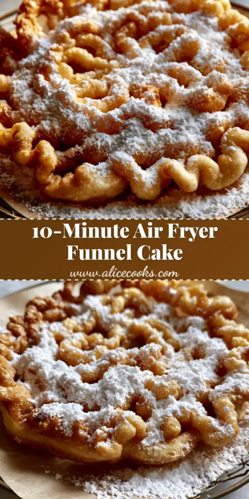 A perfectly golden-brown air fryer funnel cake heavily dusted with powdered sugar sitting in a wire basket. (funnel cakes)