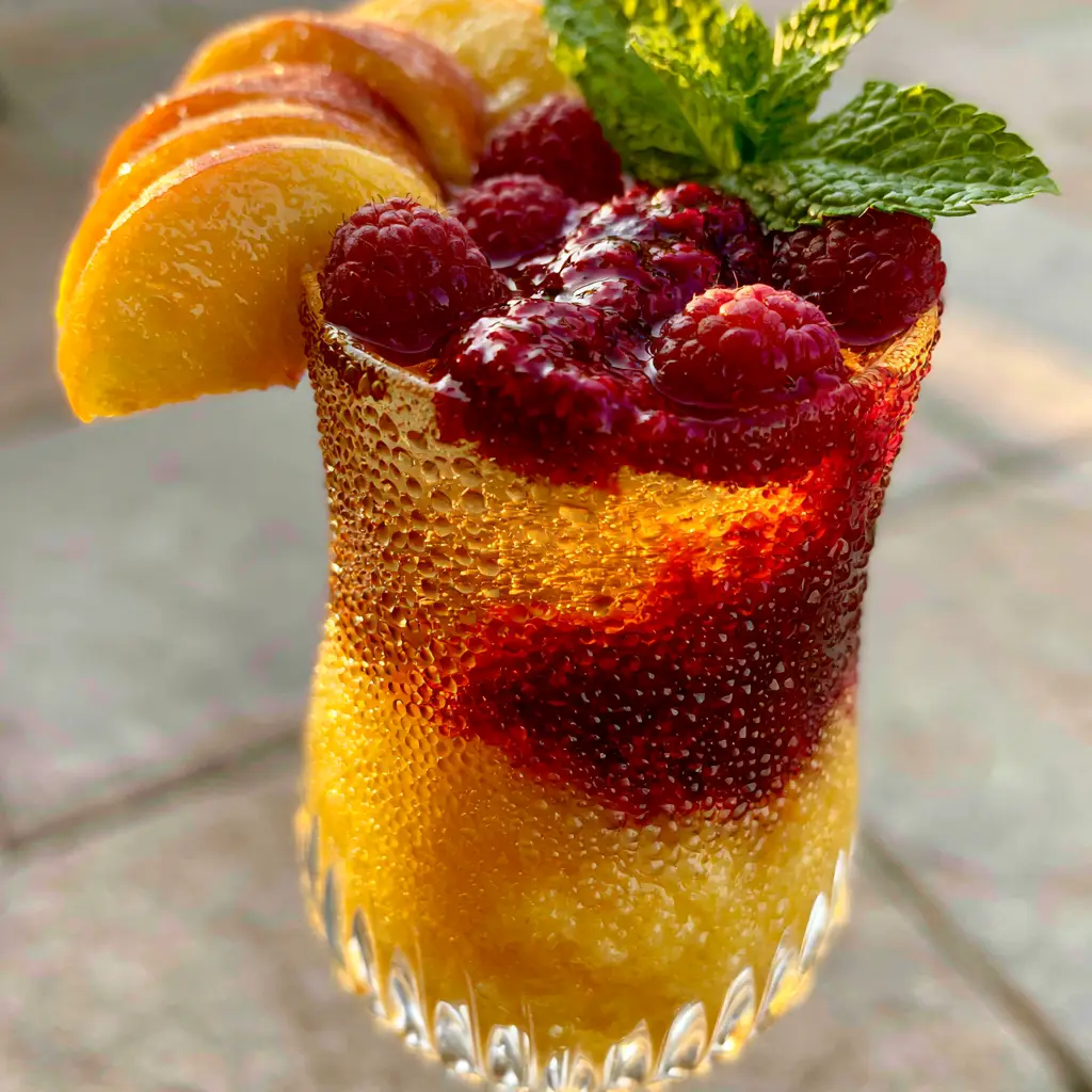 A vibrant green mint sprig and fanned peach slices garnishing a Bellini peach raspberry iced tea.