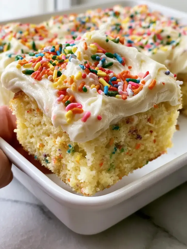 Funfetti Sheet Cake: The Ultimate Soft and Pillowy Celebration Dessert 1 Overhead view of a funfetti sheet cake with heavily swooped white frosting and a shower of multi-colored rainbow jimmies.