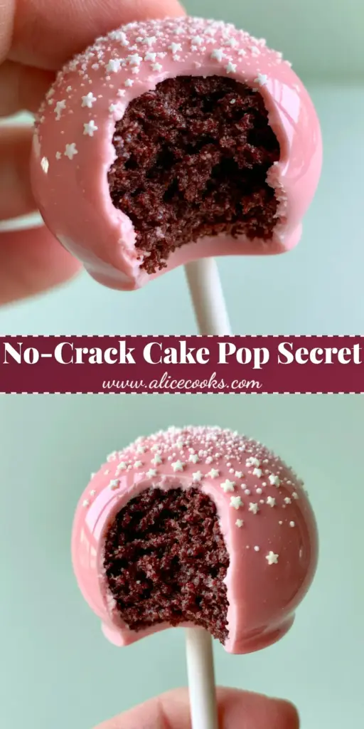 A handheld shot of a perfectly smooth pink cake pop with a bite taken out, showing the moist chocolate interior. (Cakepop tutorial)