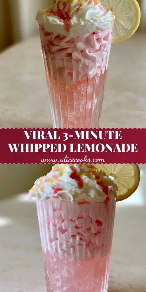 A tall ribbed highball glass filled with layered whipped pink lemonade, crushed ice, and a strawberry syrup drizzle on a stone counter. (whipped pink lemonade)