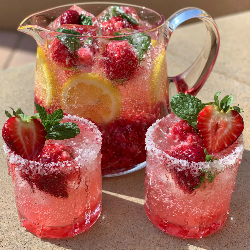 Short tumblers with fine sugar rims filled with a sparkling pink lemonade cocktail and mint sprigs.