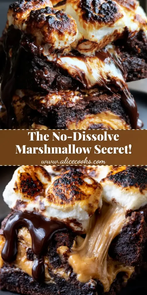 A stack of Marshmallow Peanut Butter Brownies showing the gooey marshmallow pull and peanut butter swirls.