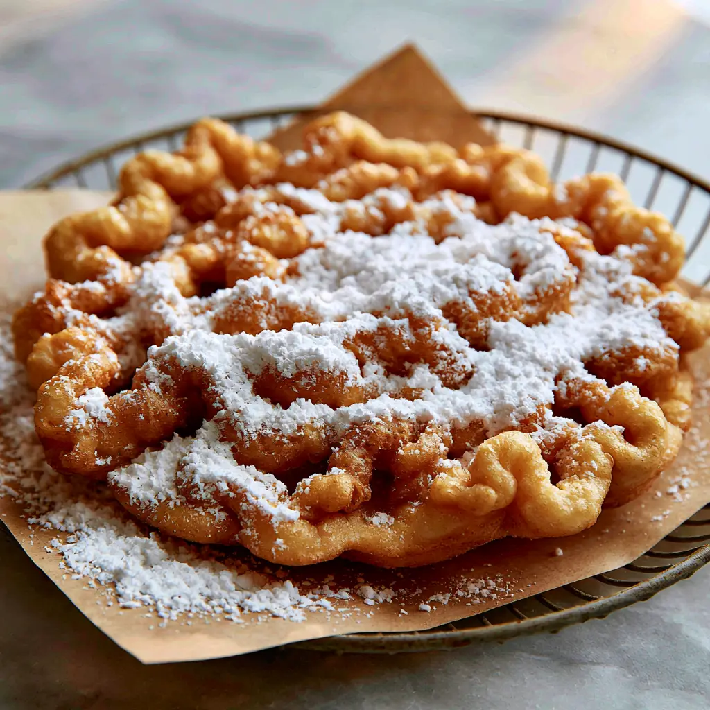 Top down view of a funnel cake blanketed in white powdered sugar on a marble countertop. (funnel cakes)