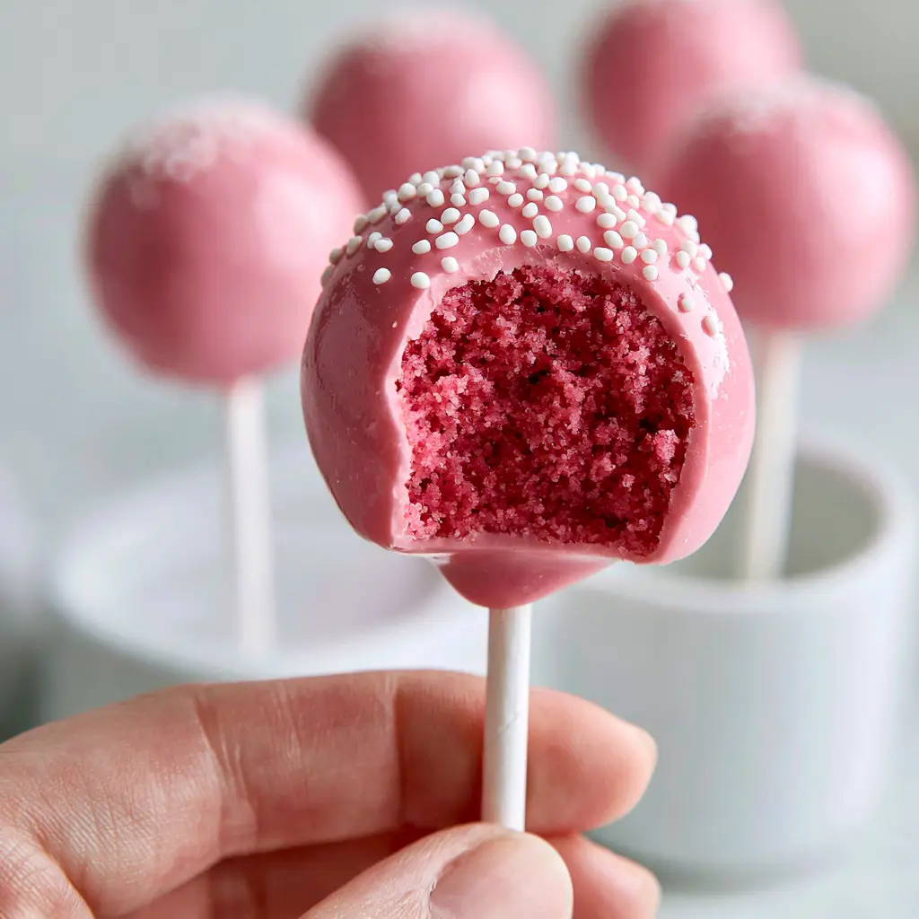 A row of identical glossy pastel pink cake pops standing in a minimalist white holder. (cake pops)