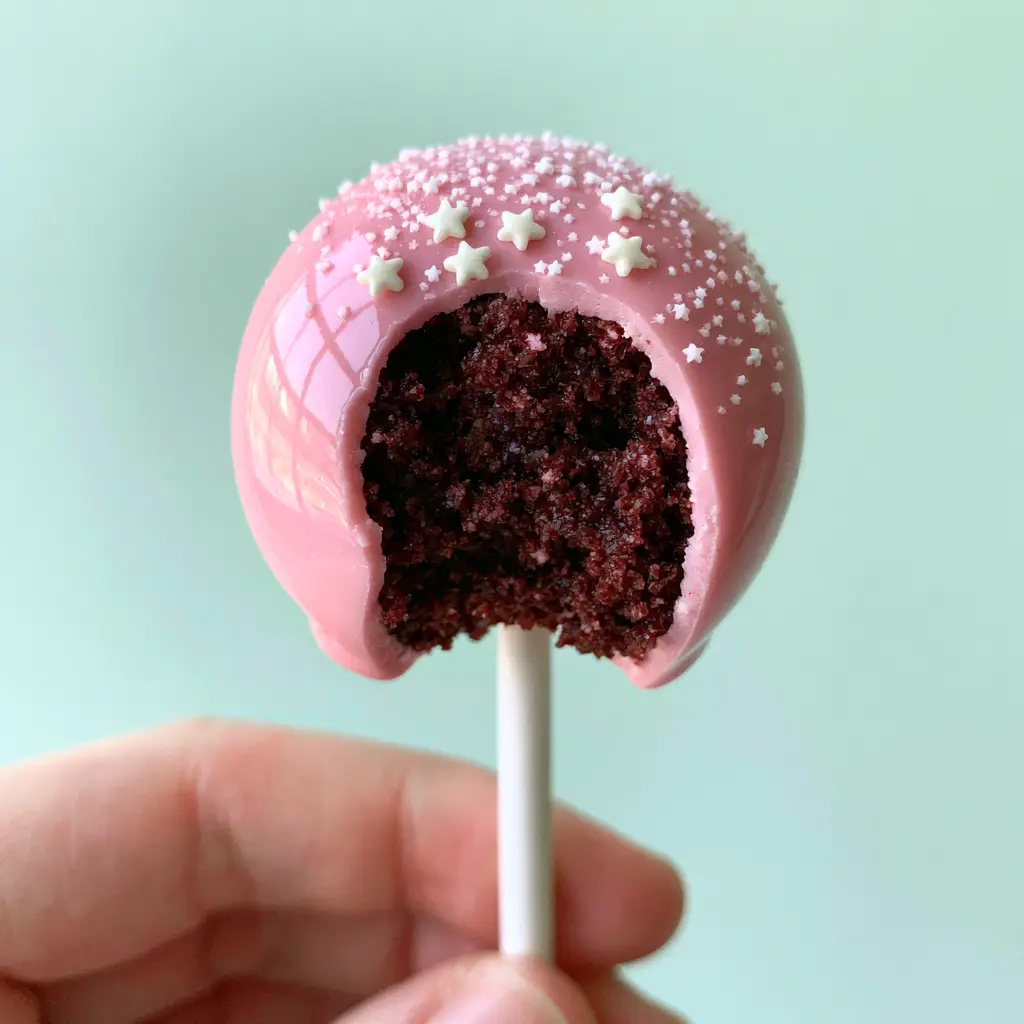 A cross-section of a pink cake pop revealing the dense, moist chocolate cake crumb interior.