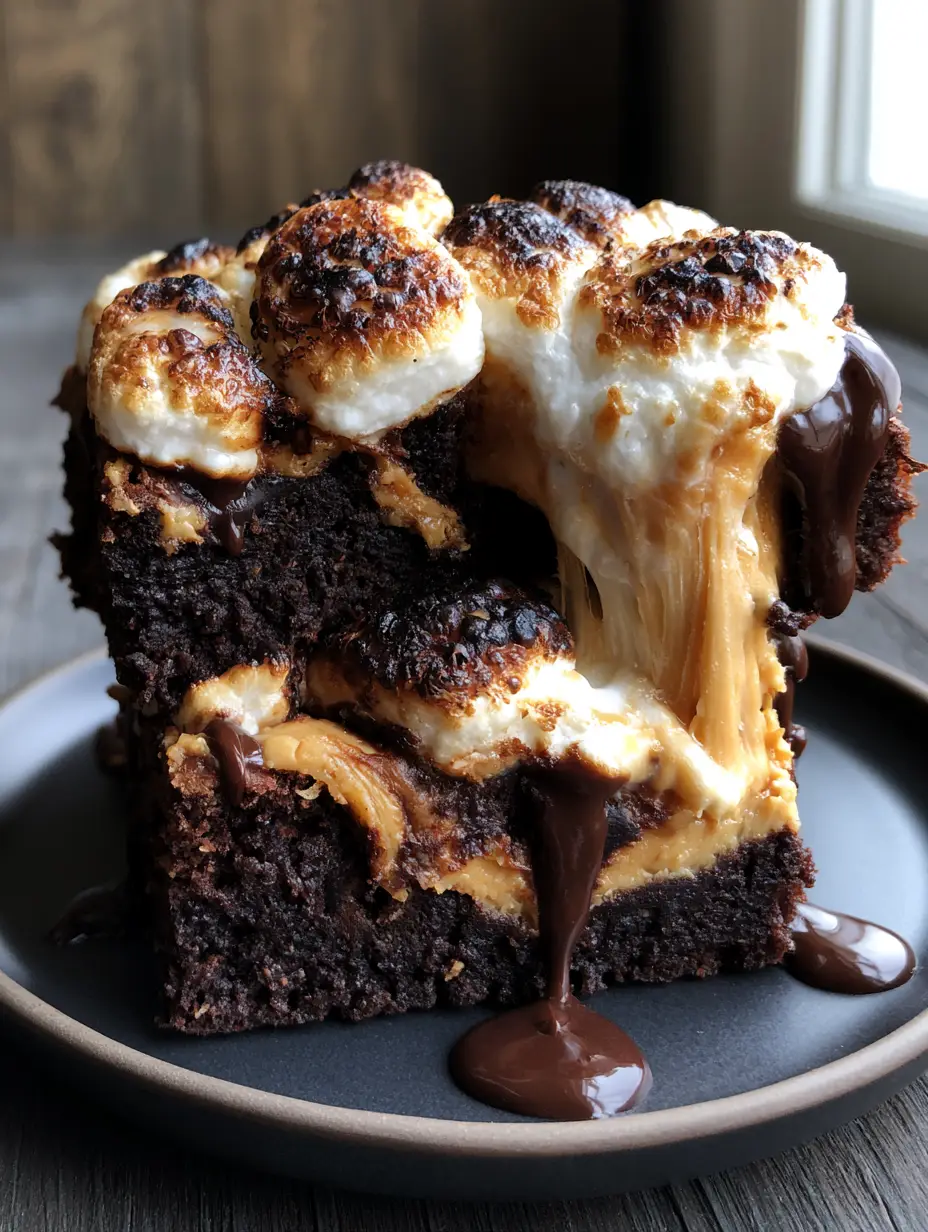Extreme close-up of Marshmallow Peanut Butter Brownies with charred marshmallow tops and glossy chocolate drizzle.