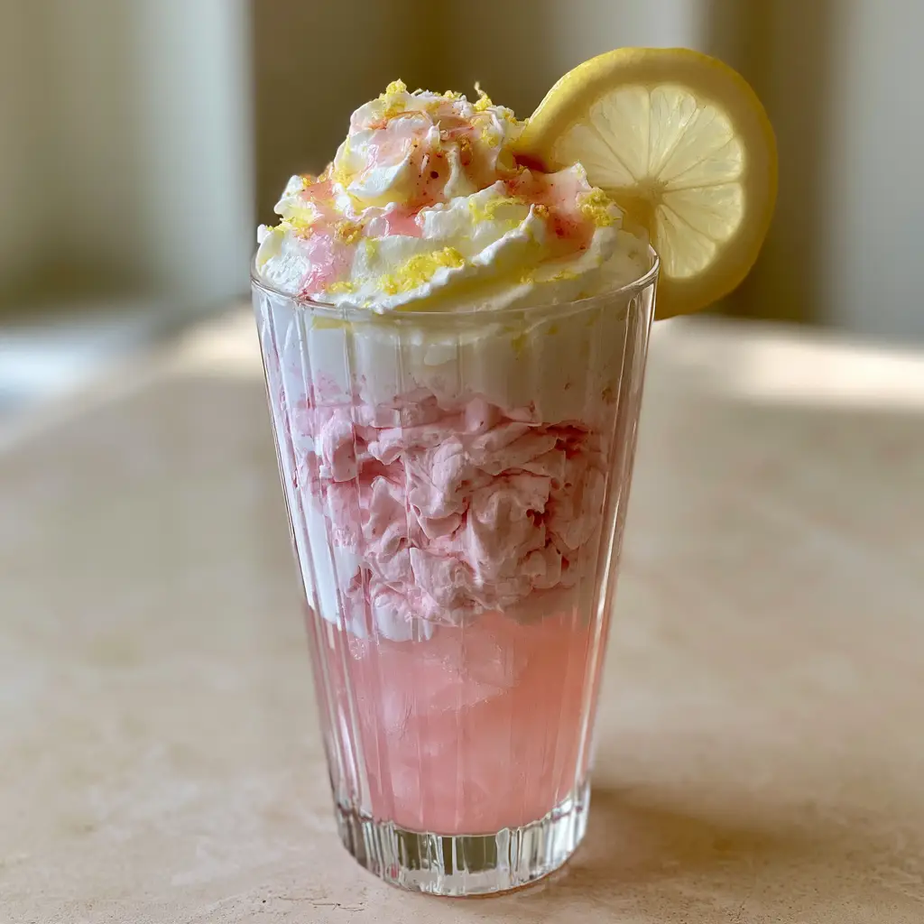 Side view of a ribbed highball glass showing the distinct layers of translucent pink lemonade and whipped cream.