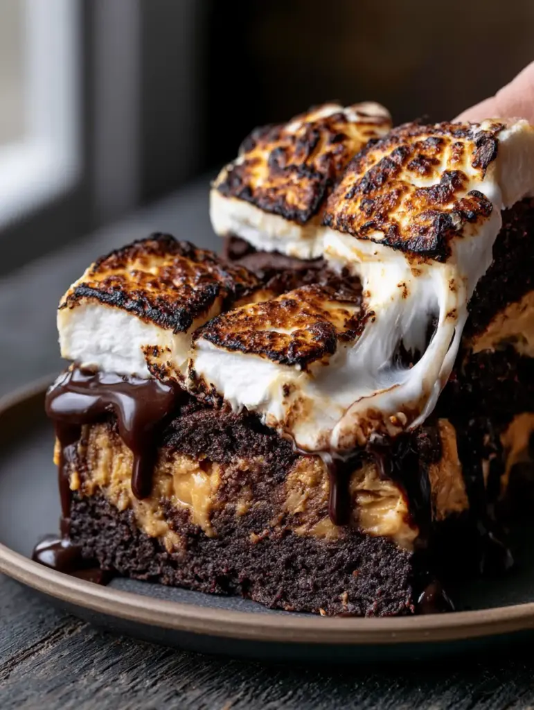 A cut brownie being pulled apart to showcase the gooey marshmallow texture and golden peanut butter swirls.