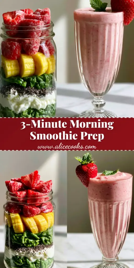 A side-by-side view of a layered smoothie jar with strawberries and spinach next to a blended pastel pink morning smoothie in a ribbed glass. (morning smoothies)