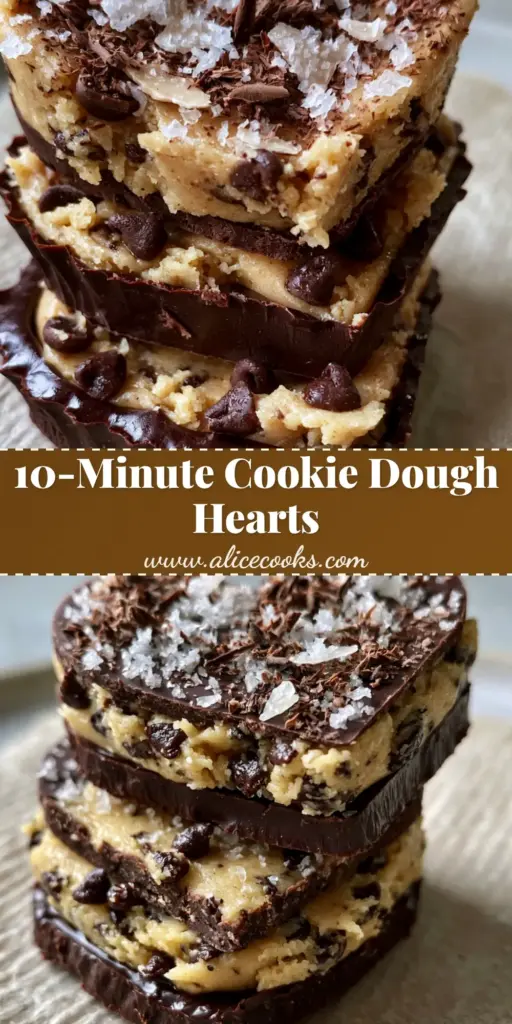 Three heart-shaped chocolate chip cookie dough hearts stacked on textured paper, showing the glossy dark chocolate shell and golden dough interior.