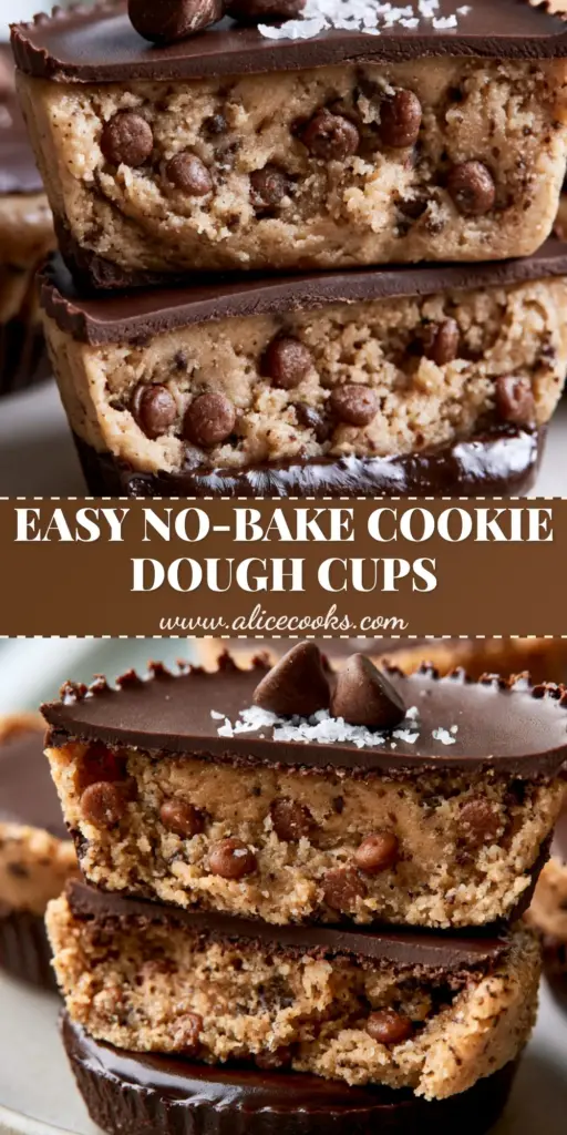 A stack of gourmet chocolate chip cookie dough cups featuring a glossy dark chocolate shell and a dense cookie dough filling sprinkled with sea salt.