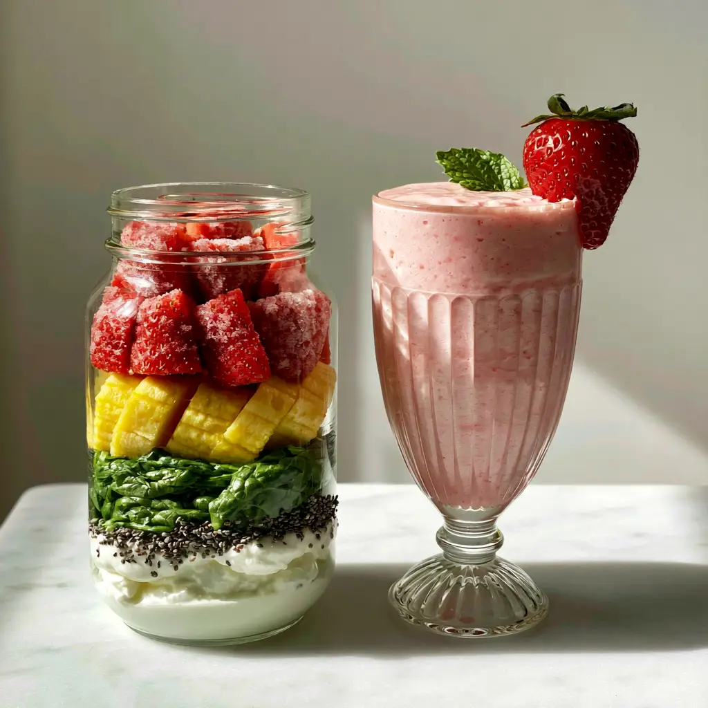 Close up of a thick creamy pink morning smoothie with mint garnish on a minimalist white marble background.