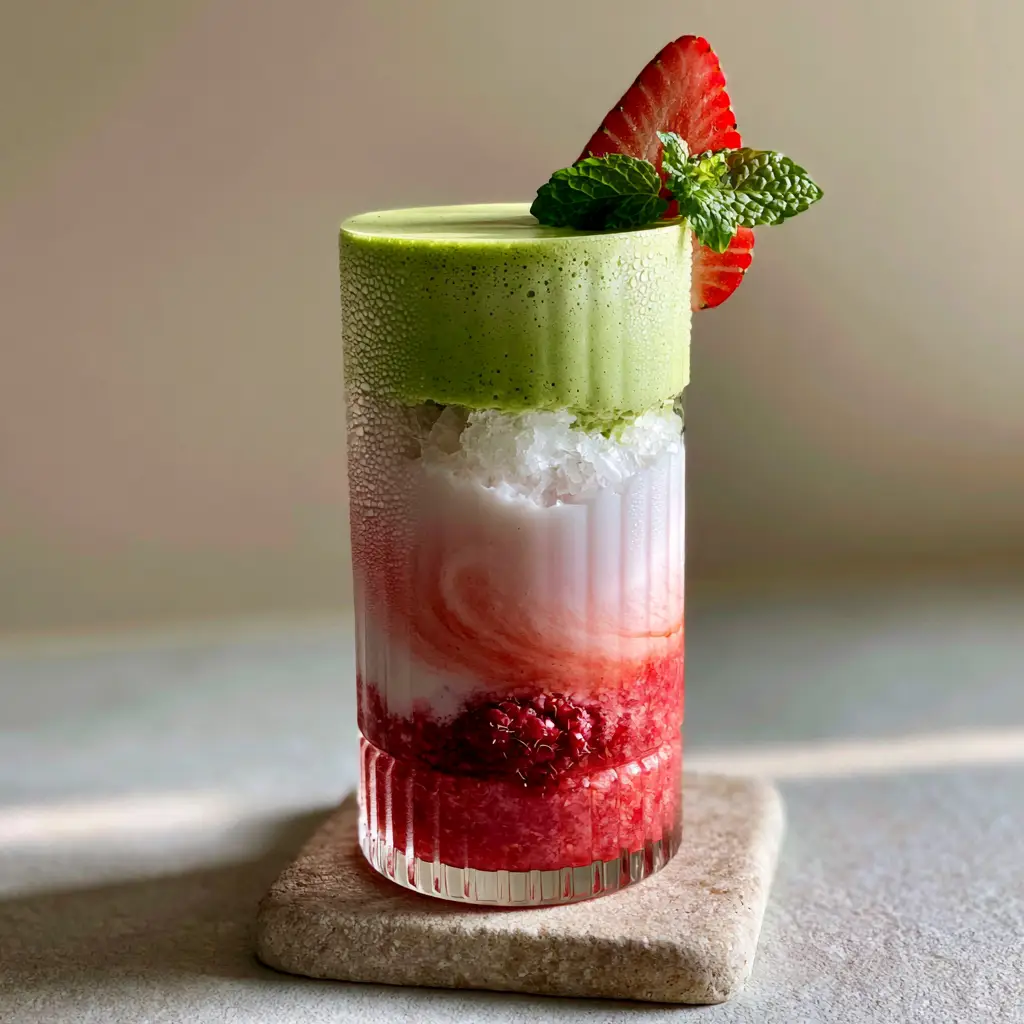 Close up of the matcha cold foam and fresh mint sprig garnish on a summer beverage. (DIY summer drinks)