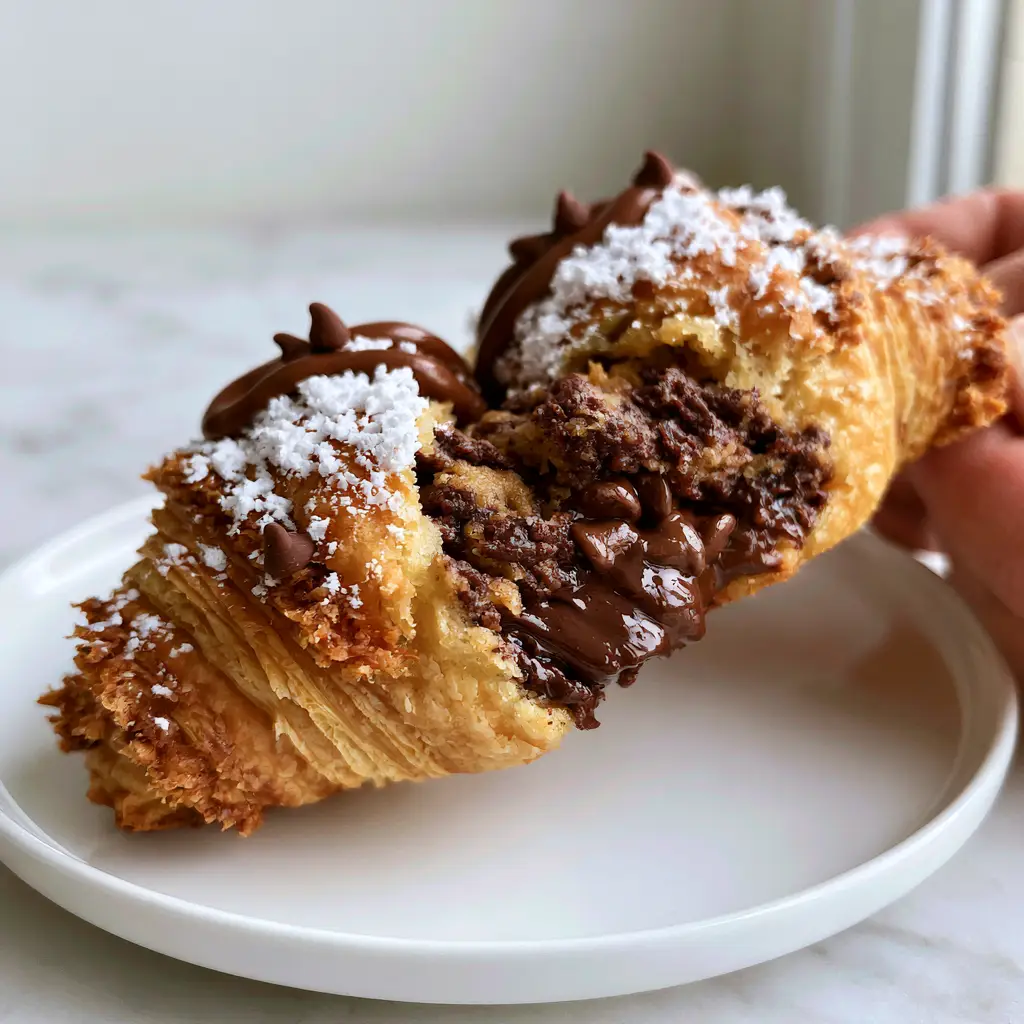 Handheld smartphone photo of a Chocolate Chip Cookie Dough Twist on a white plate with a marble background.