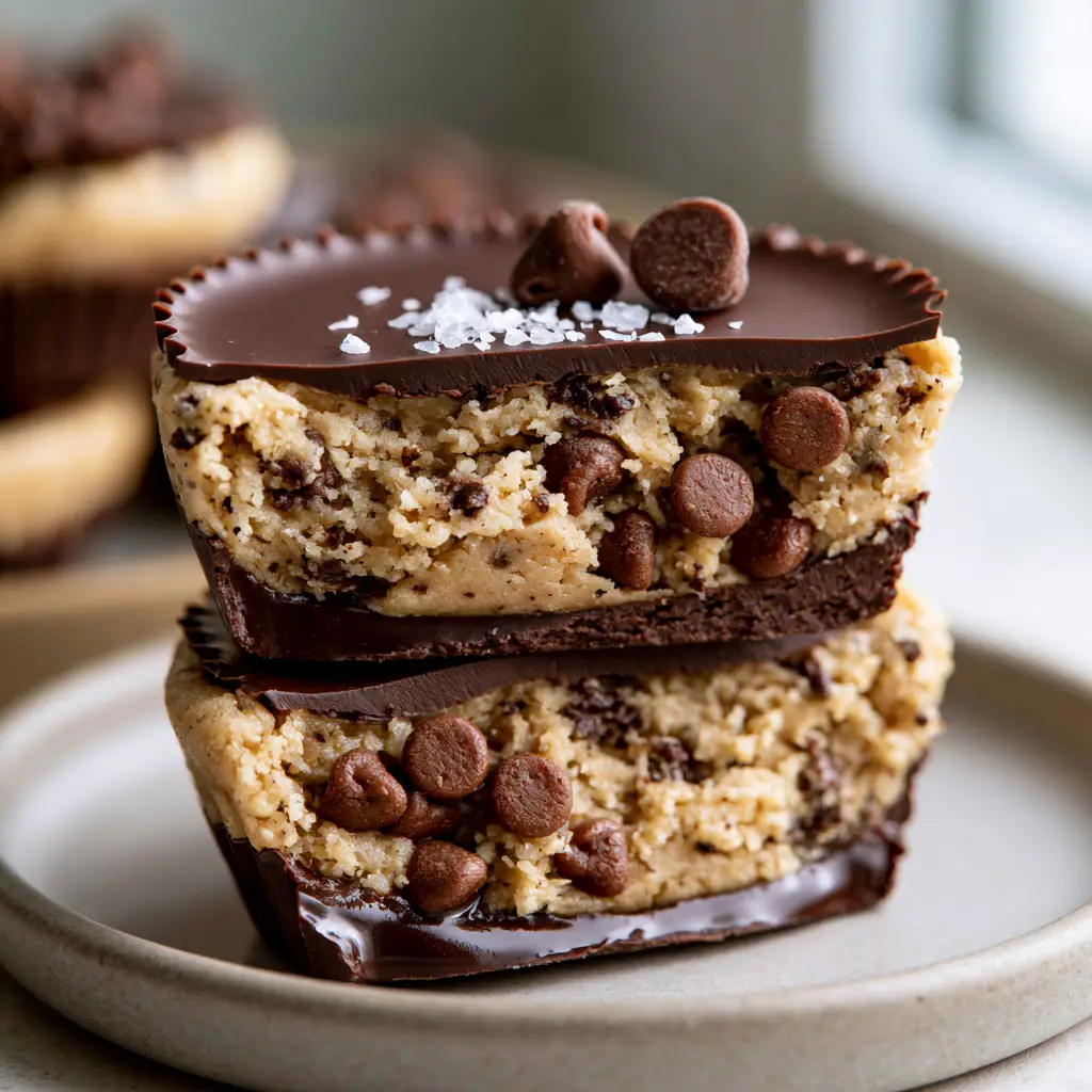 Close-up of a sliced chocolate chip cookie dough cup showcasing distinct layers of dark chocolate and textured egg-free dough.