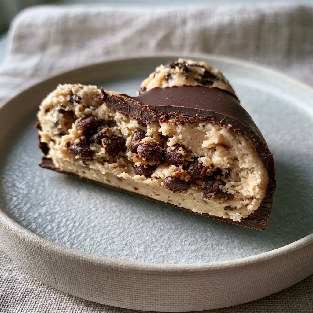 A handheld smartphone photo showing a heart-shaped chocolate-covered cookie dough bite sliced in half to reveal a creamy beige interior. (chocolate covered cookie dough hearts)