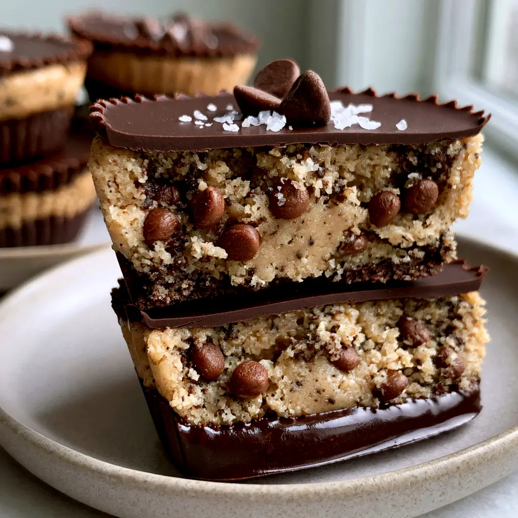 High-angle view of multiple chocolate chip cookie dough cups on a ceramic plate with natural lighting.