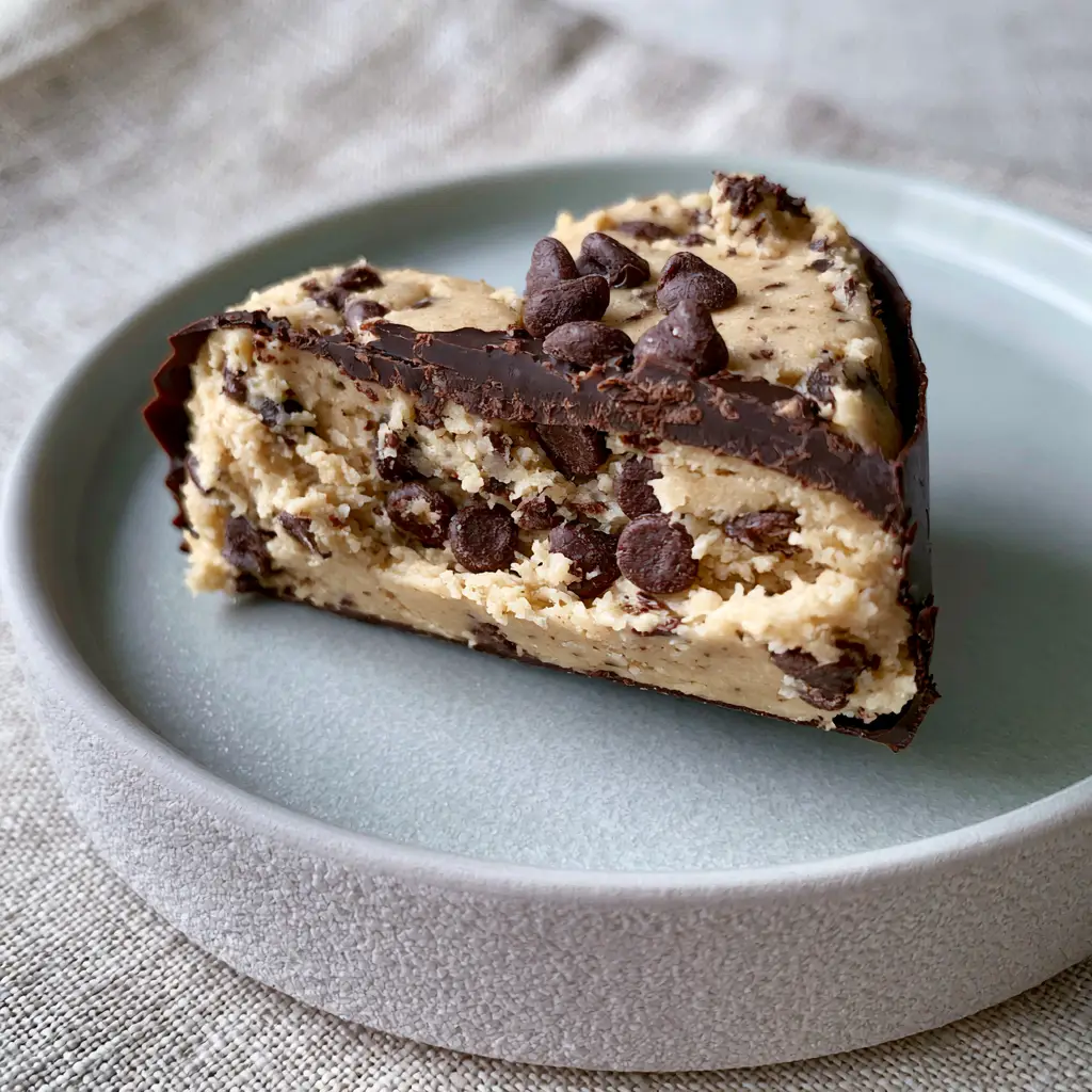 Top view of a heart-shaped chocolate-covered cookie dough bite on a minimalist light gray ceramic plate. (chocolate covered cookie dough hearts)
