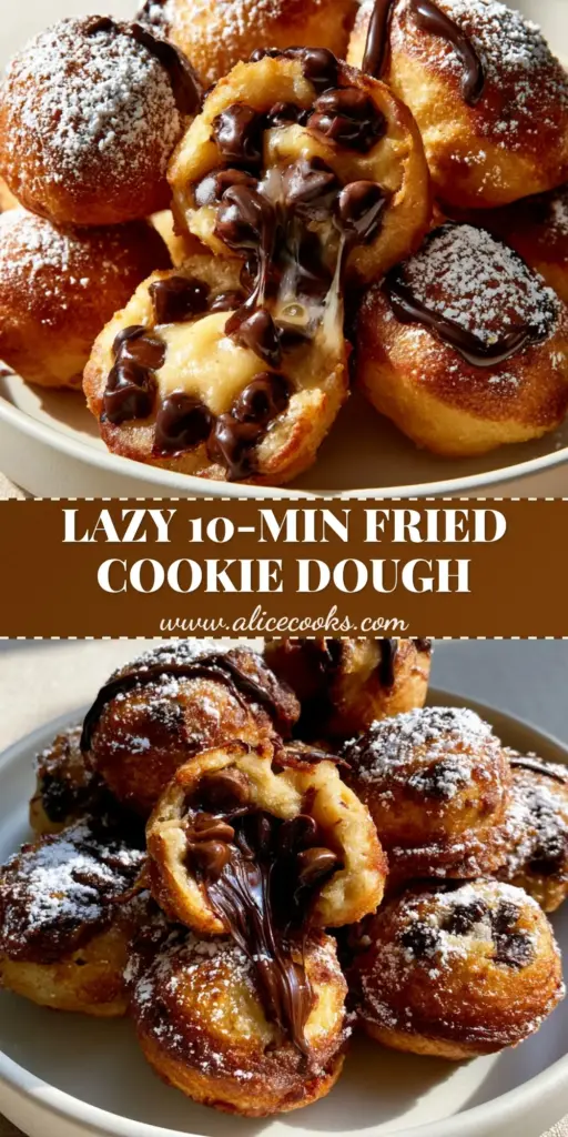 A stack of golden-brown deep fried chocolate chip cookie dough bites on a white plate with chocolate drizzle.