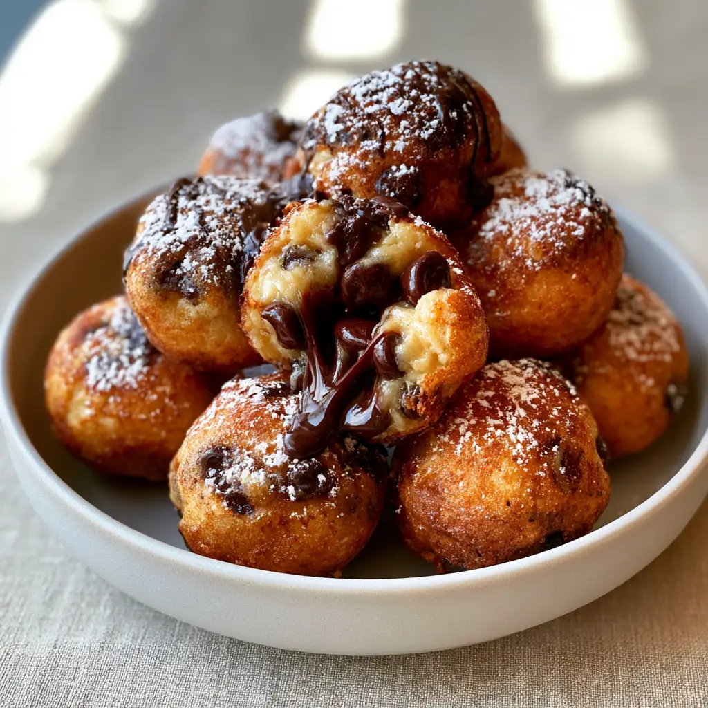Smartphone photo of deep fried chocolate chip cookie dough bites showing a molten center and glossy chips.