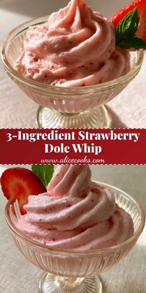 Strawberry Dole Whip: The Ultimate 4-Ingredient Dairy-Free Soft Serve 4 A tall, perfectly swirled pink Strawberry Dole Whip in a vintage glass bowl with a fresh strawberry slice and mint leaf.