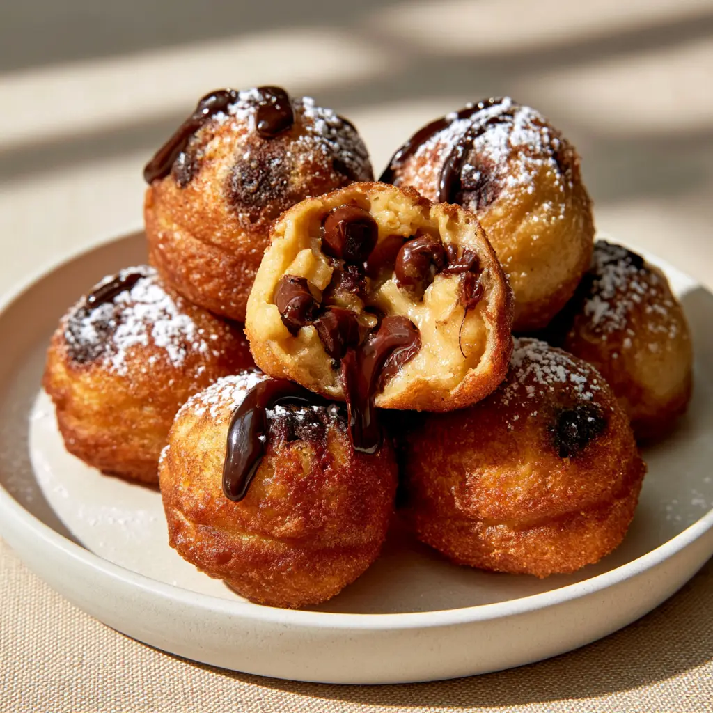 Golden-brown fried cookie dough bites on a ceramic plate with a fine dusting of powdered sugar.