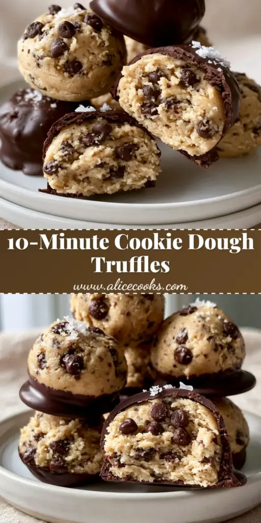 A stack of premium cookie dough truffles with glossy dark chocolate shells and flaky sea salt on a white plate. (cookie dough truffles)