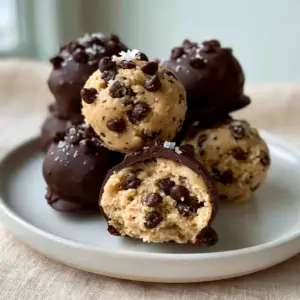 Handheld photo of eggless cookie dough truffles showing a creamy center with mini chips. (cookie dough truffles)