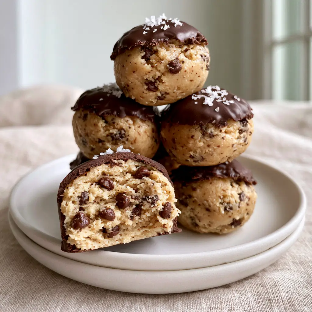 Stacked chocolate covered cookie dough truffles on a ceramic plate with flaky sea salt garnish.
