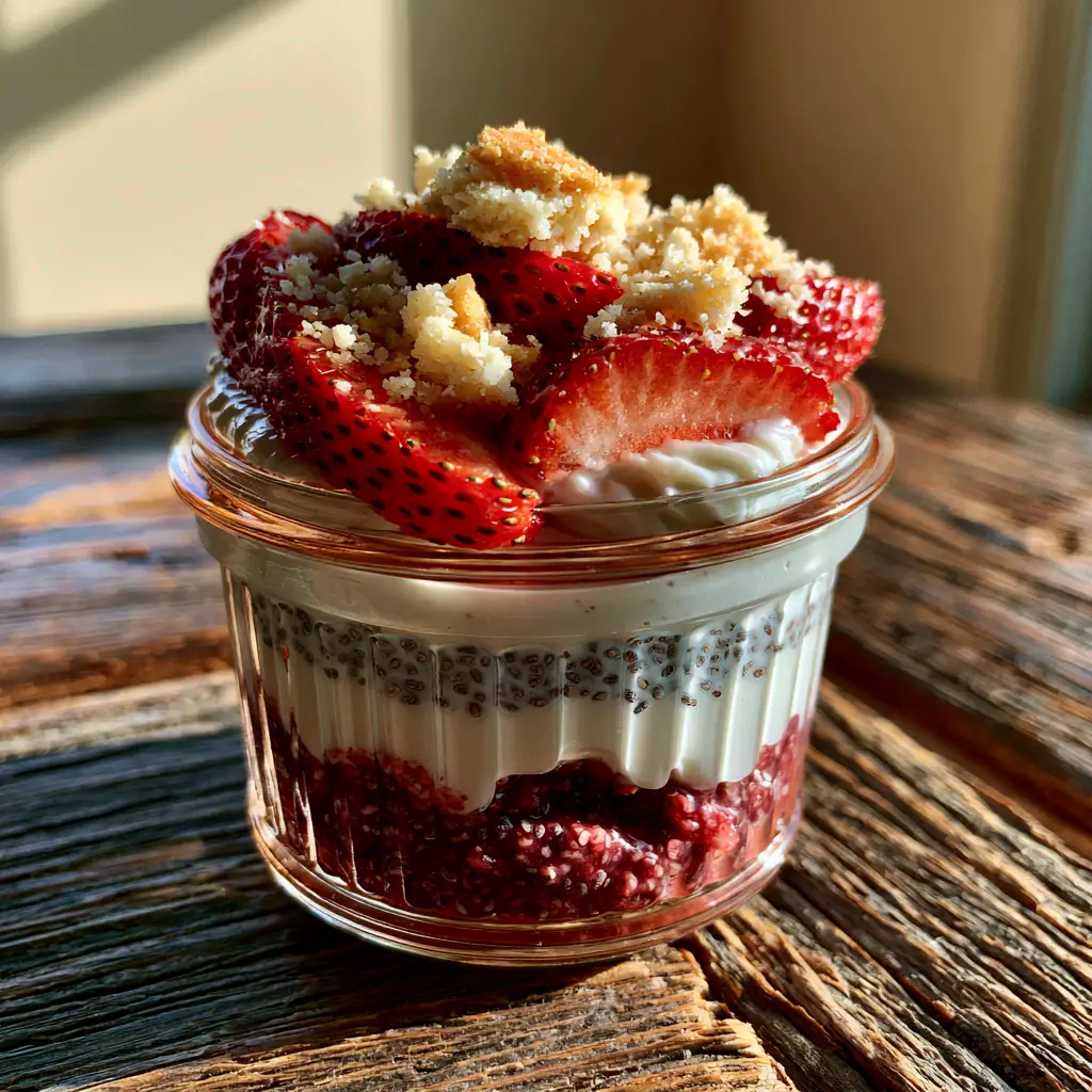 Layered yogurt parfait with dark red strawberry chia compote and golden crumble. (strawberry shortcake artwork)
