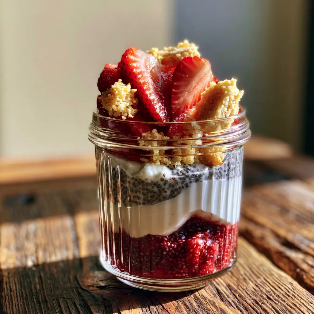 Close up of golden butter shortbread crumble and sliced strawberries on top of a yogurt parfait.