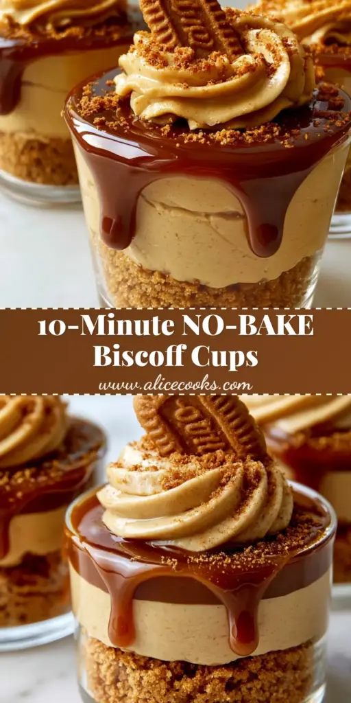 Three elegant clear glass dessert cups filled with layered Cookie Butter Cheesecake Cups featuring a Biscoff crust, tan mousse, and dark amber drizzle.