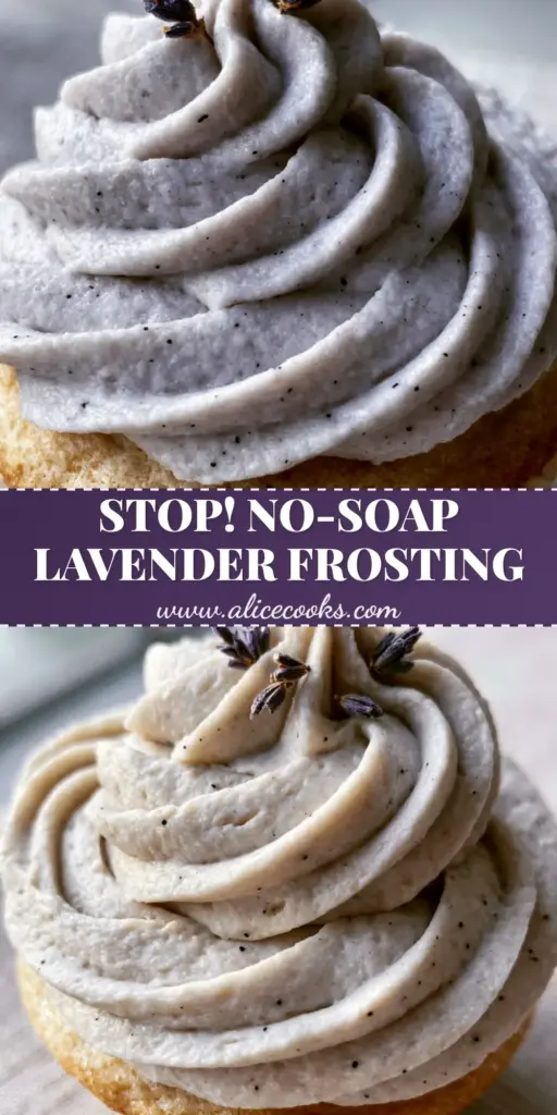 Vegan Lavender Buttercream: The Ultimate Stable Piped Frosting Recipe 3 A tall, perfect swirl of vegan lavender buttercream with sharp ridges and vanilla specks on a cupcake.