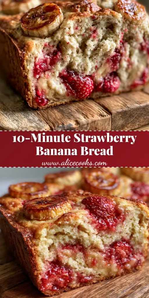 A close-up shot of a sliced loaf of Strawberry Banana Bread on a rustic wooden board, showing jammy strawberries and caramelized banana slices.