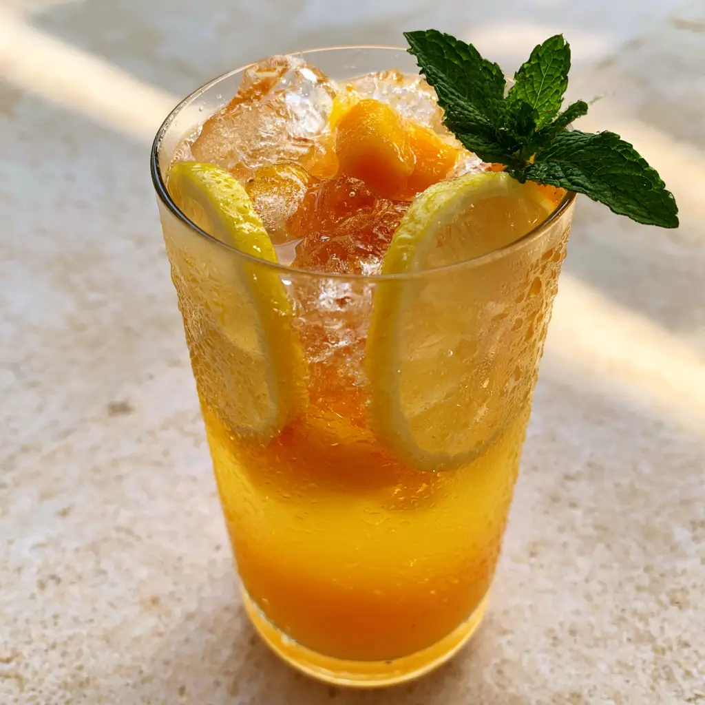 Mango Lemonade Recipe: The Ultimate Silky and Layered Summer Refreshment 1 Handheld photo of a layered mango lemonade against a neutral stone background.