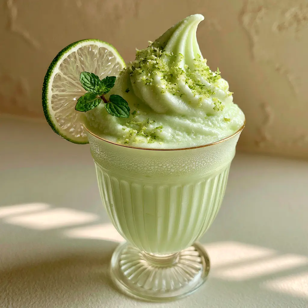 Frozen Limeade: The Ultimate Creamy Whipped Summer Refreshment 2 Close-up of a pale pastel green Frozen Limeade showing its velvety whipped texture and finely grated lime zest dusting on top.