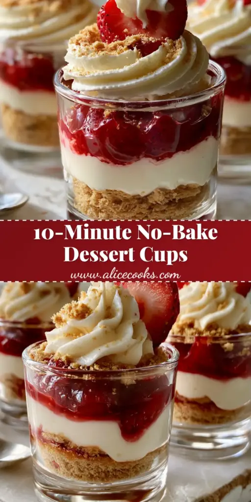 Elegant layered strawberry cheesecake parfaits in mini glass cups featuring golden graham cracker crumbs and glossy red compote. (dessert cup recipes)