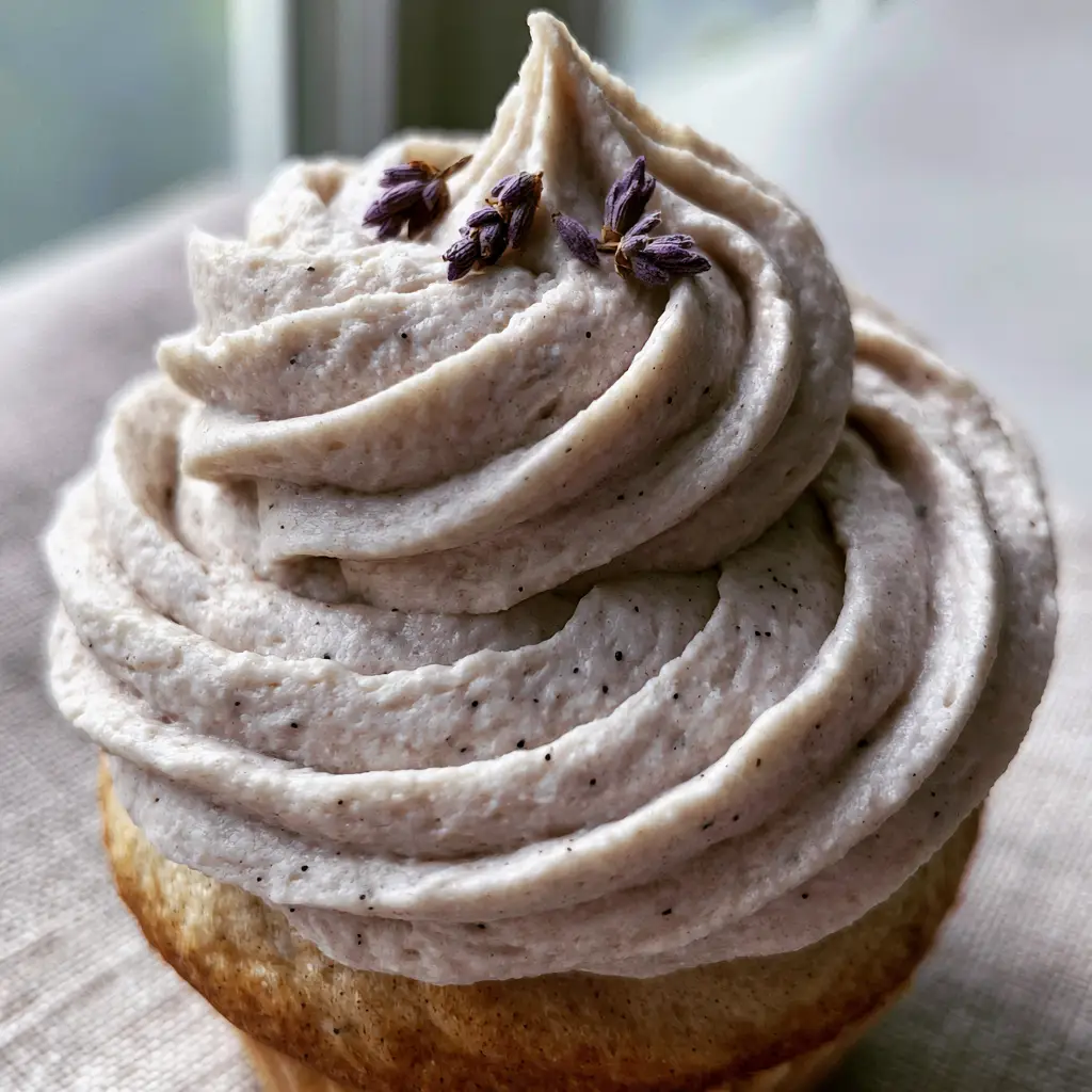 Vegan Lavender Buttercream: The Ultimate Stable Piped Frosting Recipe 2 Macro view of velvety vegan lavender buttercream showing vanilla bean specks and three lavender buds. (vegan lavender buttercream)