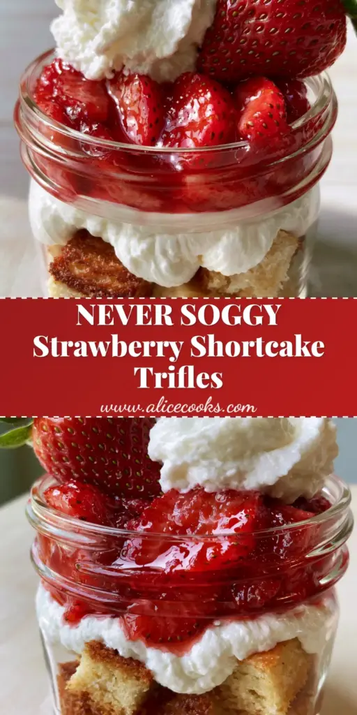 A tall individual Strawberry Shortcake Trifle in a mason jar featuring golden-brown pound cake and glistening red berries.