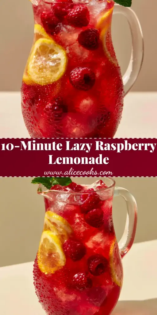 A refreshing pitcher of Raspberry lemonade with floating raspberries, lemon wheels, and mint garnish on a light beige background.